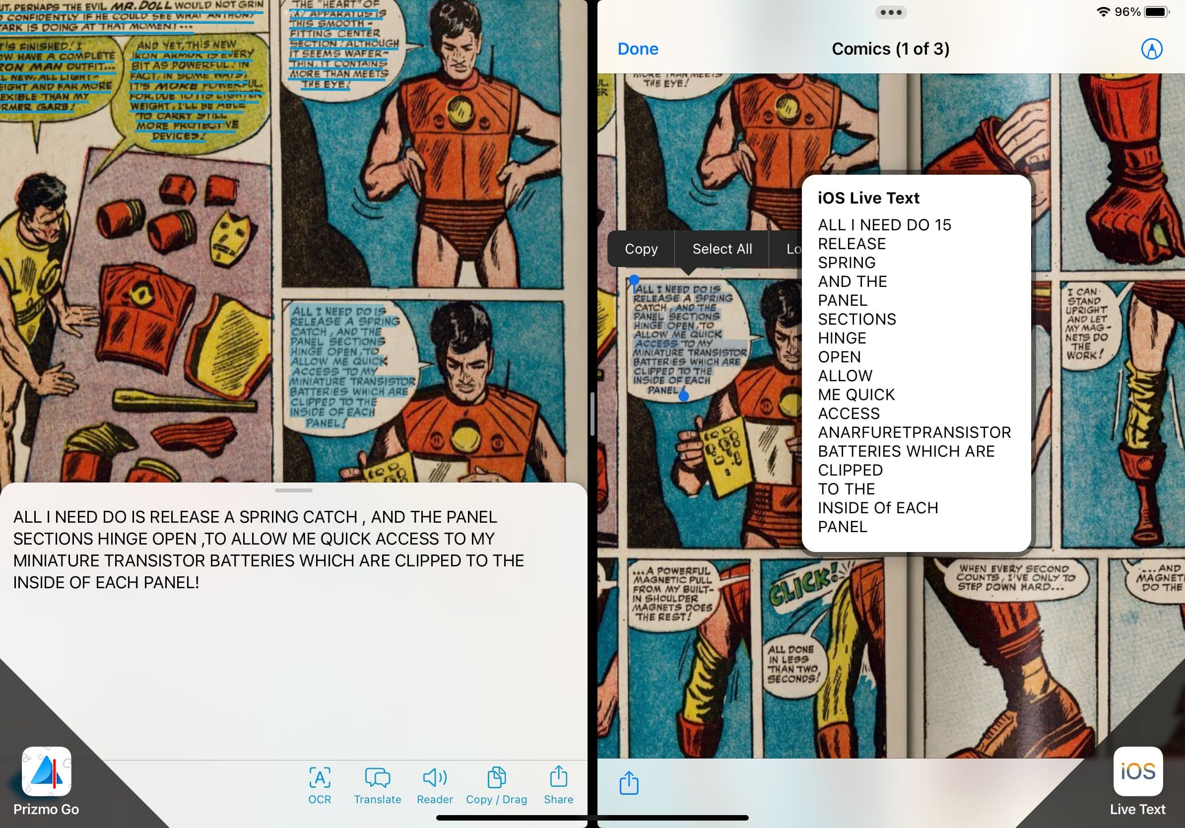 Prizmo Go output on comics text